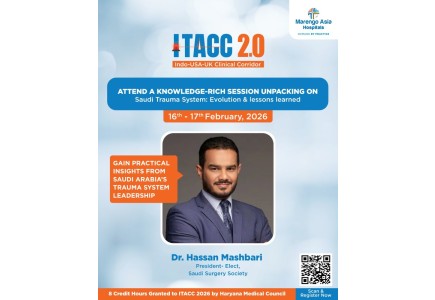 ITACC 2.0 conference banner featuring Dr Hassan Mashbari presenting Saudi Trauma System evolution and leadership strategies for advancing trauma care in India.
