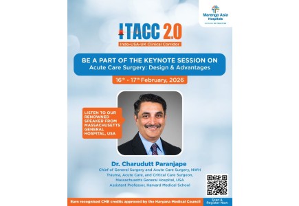 Keynote announcement featuring Dr Charu Paranjape speaking on acute care surgery design and advanced trauma system planning at an international medical conference in February 2026.
